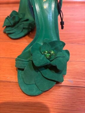 Zara Green Floral Suede Open-Toe Heels